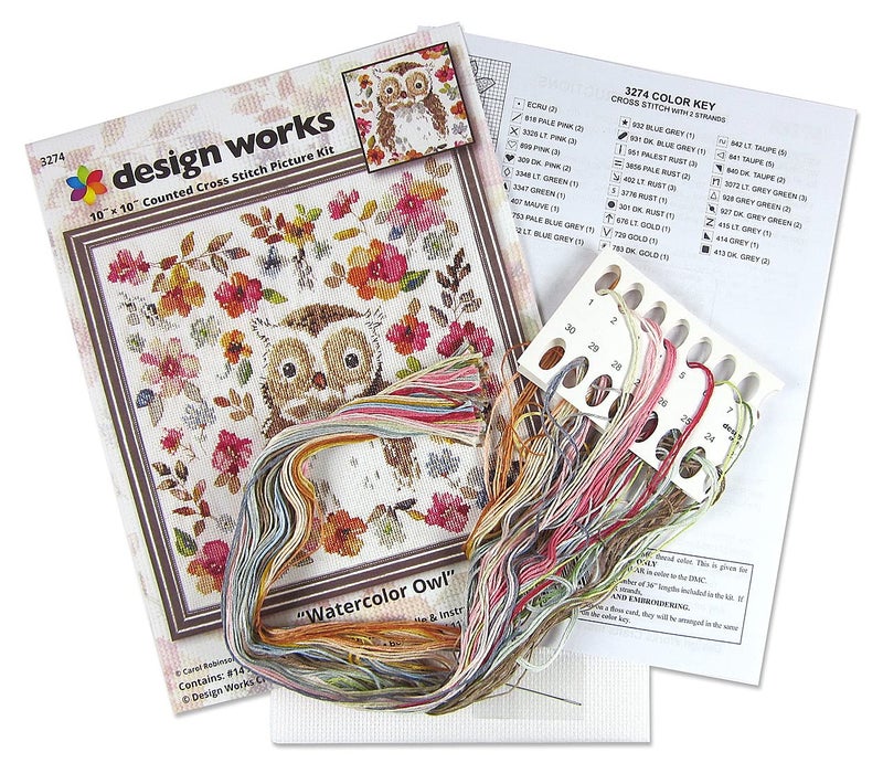 Design Works Crafts Watercolor Owl Counted Cross Stitch Kit, White - Image 3